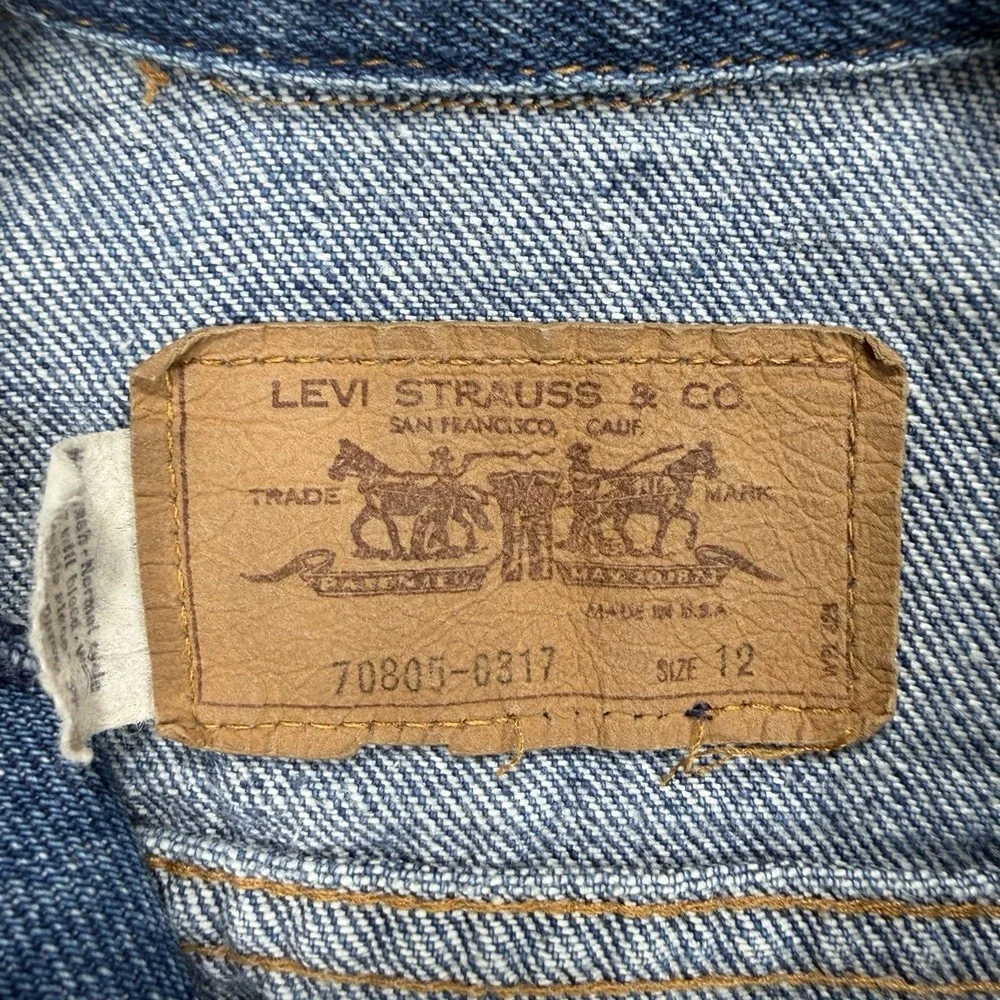 VTG 70s Levi's Kids Denim Trucker Jacket Size 12 USA Orange Tab Western Heritage